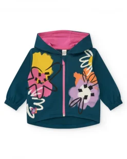 Chaqueta de felpa para niña en azul con cremallera rosa y estampado colorido