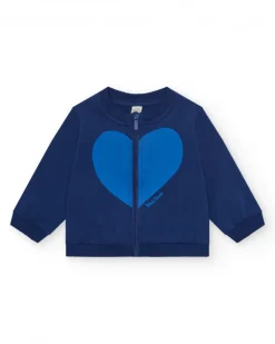 Chaqueta de felpa para niña en azul con corazón en el pecho y cremallera