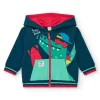 Chaqueta de felpa para niño en azul marino con capucha roja y cocodrilo estampado