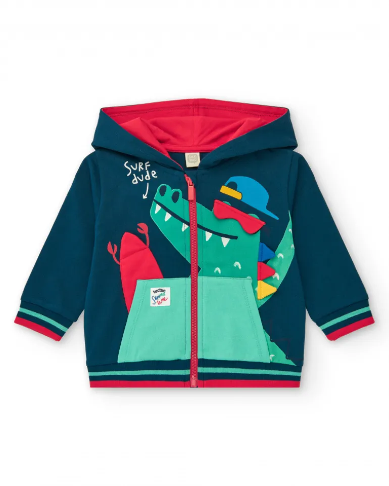 Chaqueta de felpa para niño en azul marino con capucha roja y cocodrilo estampado