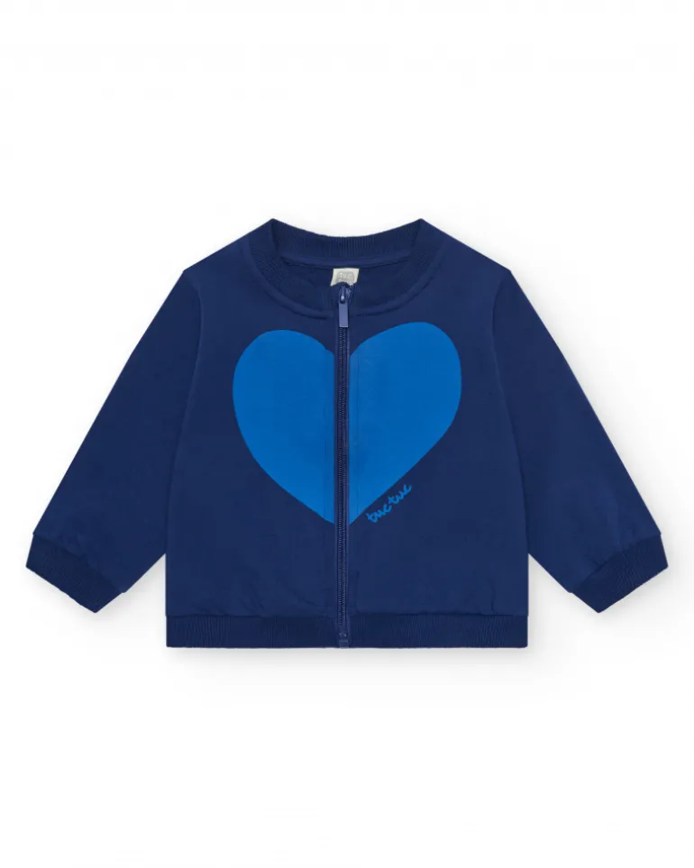 Chaqueta de felpa para niña en azul con corazón en el pecho y cremallera