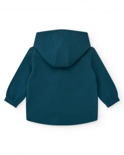 Chaqueta de felpa para niña en azul con cremallera rosa y estampado colorido