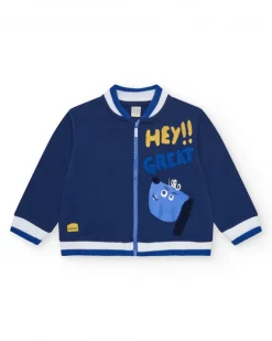 Chaqueta de felpa para niño en azul con detalles en blanco y cremallera frontal