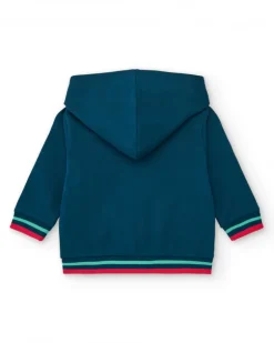 Chaqueta de felpa para niño en azul marino con capucha roja y cocodrilo estampado