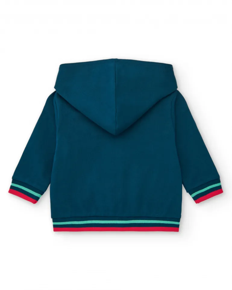 Chaqueta de felpa para niño en azul marino con capucha roja y cocodrilo estampado