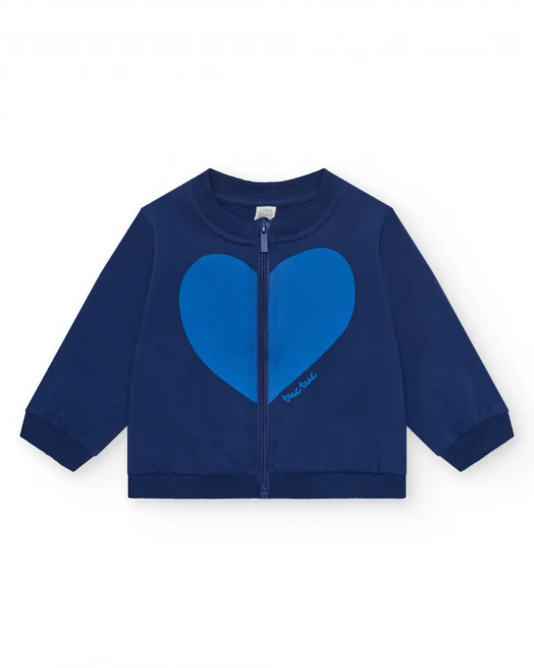 Chaqueta de felpa para niña en azul con corazón en el pecho y cremallera