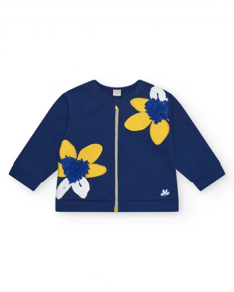 Chaqueta de felpa para niña en azul con apliques de flores y cremallera