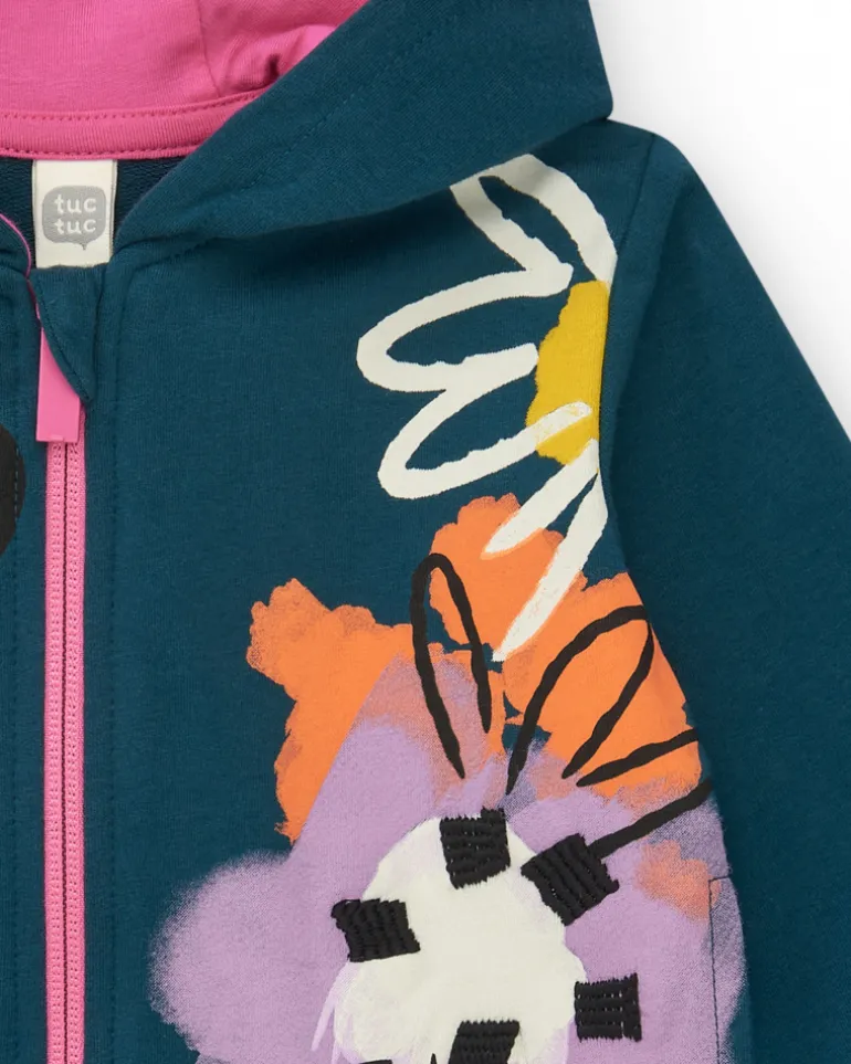 Chaqueta de felpa para niña en azul con cremallera rosa y estampado colorido