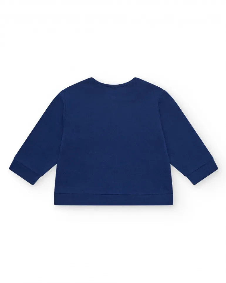 Chaqueta de felpa para niña en azul con apliques de flores y cremallera