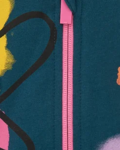 Chaqueta de felpa para niña en azul con cremallera rosa y estampado colorido
