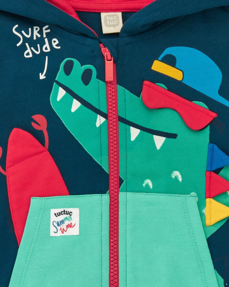 Chaqueta de felpa para niño en azul marino con capucha roja y cocodrilo estampado