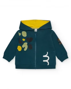 Chaqueta de felpa verde para niño con capucha amarilla y cremallera