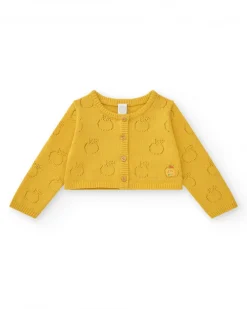 Chaqueta de tricot amarilla para niña con diseño calado de manzanas