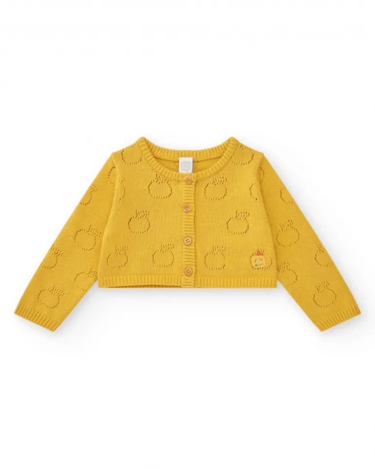 Chaqueta de tricot amarilla para niña con diseño calado de manzanas