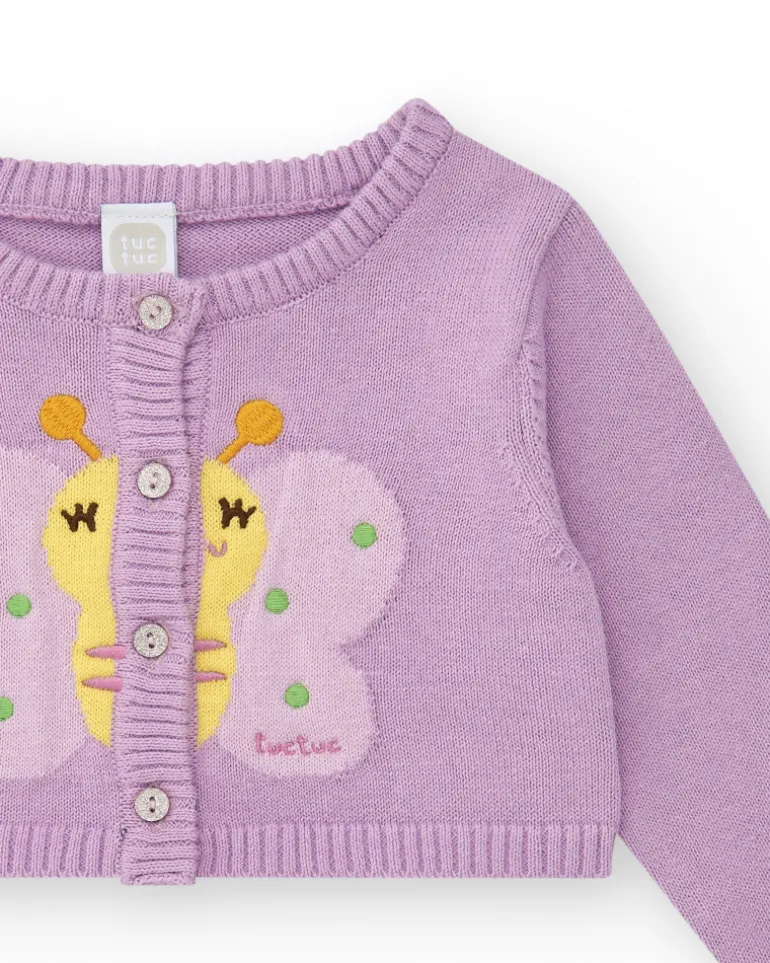 Chaqueta de tricot para niña color malva con bordado