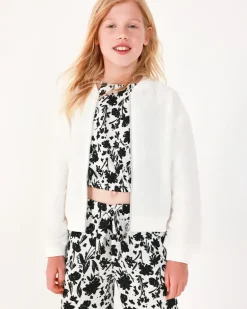 Chaqueta para niña en blanco con lentejuelas y cremallera frontal