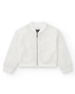 Chaqueta para niña en blanco con lentejuelas y cremallera frontal