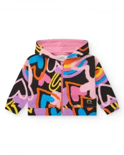 Chaqueta para niña en negro con estampado multicolor y cierre frontal