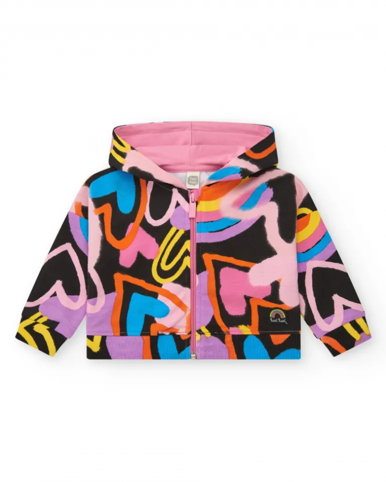 Chaqueta para niña en negro con estampado multicolor y cierre frontal