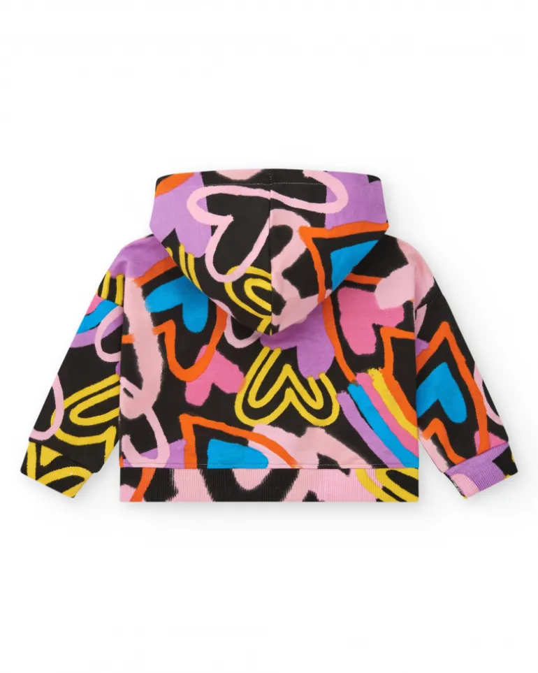 Chaqueta para niña en negro con estampado multicolor y cierre frontal