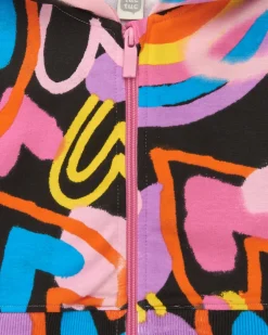 Chaqueta para niña en negro con estampado multicolor y cierre frontal