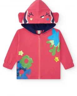 Chaqueta para niña en rosa con flores y capucha con orejas decorativas
