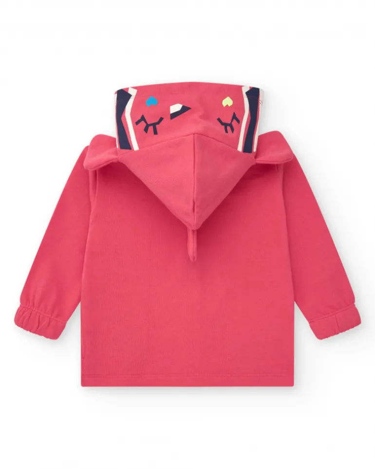 Chaqueta para niña en rosa con flores y capucha con orejas decorativas