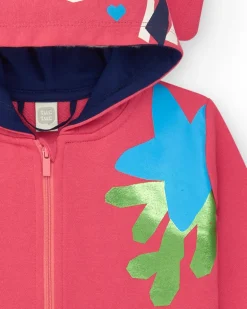Chaqueta para niña en rosa con flores y capucha con orejas decorativas