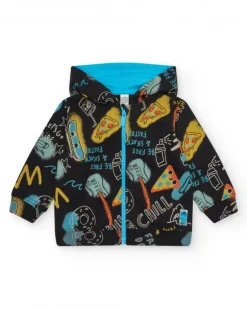 Chaqueta para niño en negro con estampado y capucha