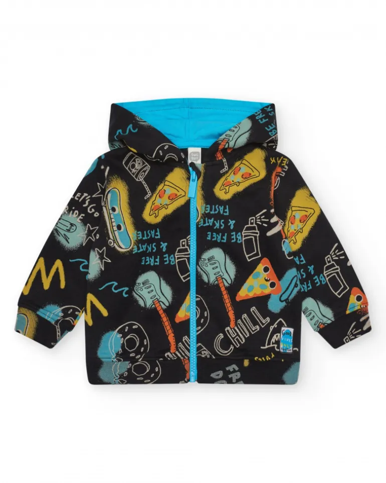 Chaqueta para niño en negro con estampado y capucha