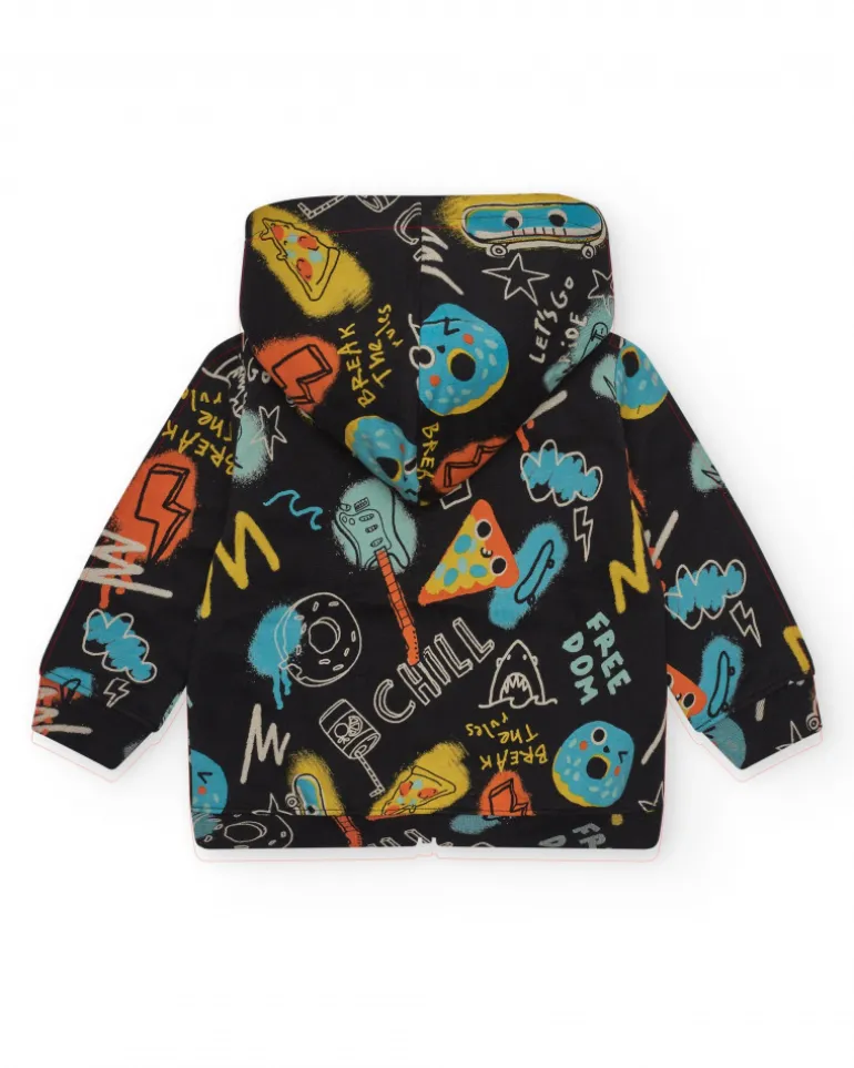Chaqueta para niño en negro con estampado y capucha
