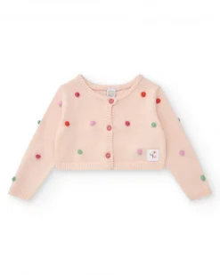 Chaqueta rosa de tricot para niña con pompones multicolor y botones frontales