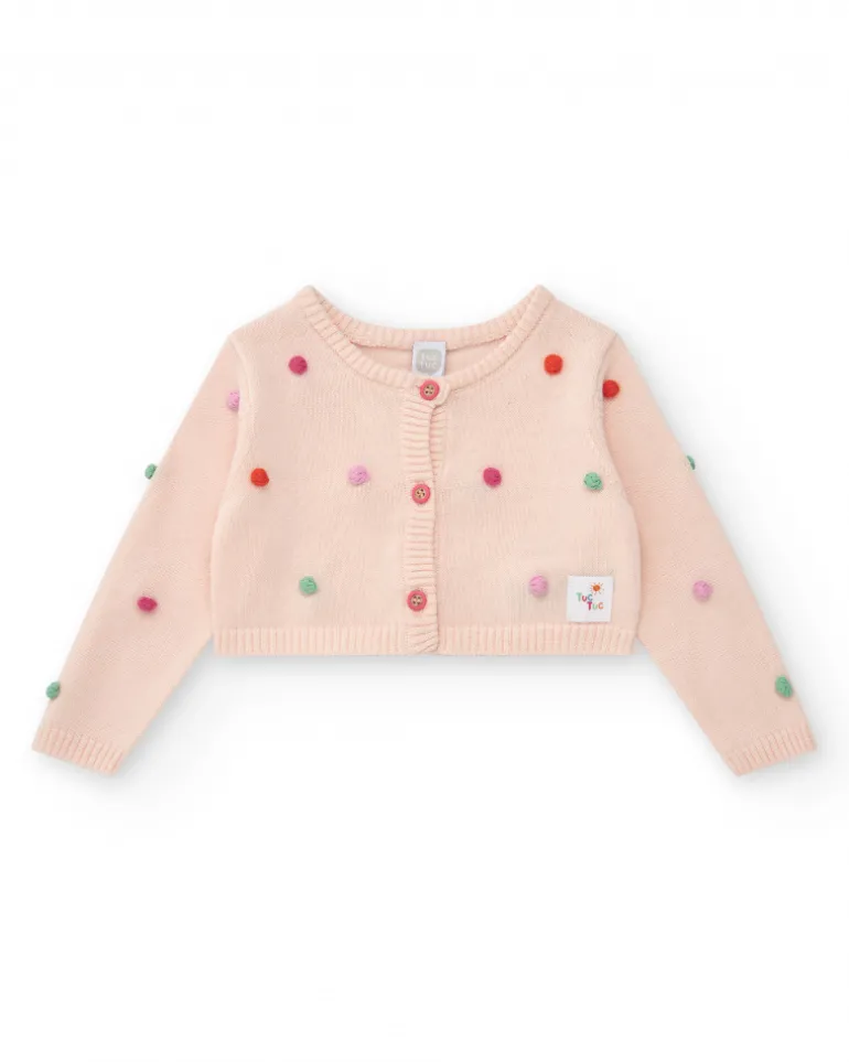 Chaqueta rosa de tricot para niña con pompones multicolor y botones frontales
