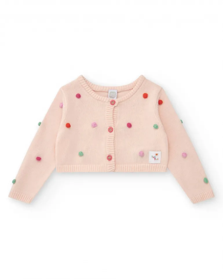 Chaqueta rosa de tricot para niña con pompones multicolor y botones frontales