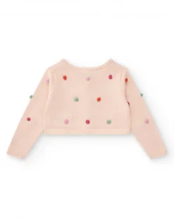 Chaqueta rosa de tricot para niña con pompones multicolor y botones frontales