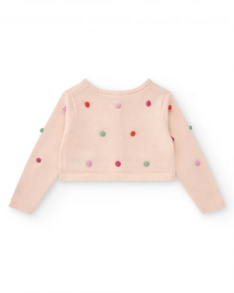 Chaqueta rosa de tricot para niña con pompones multicolor y botones frontales