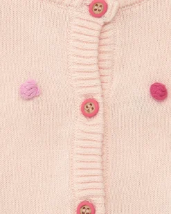 Chaqueta rosa de tricot para niña con pompones multicolor y botones frontales