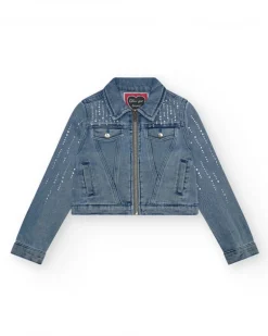 Chaqueta vaquera para niña en azul con detalles brillantes y bolsillos frontales