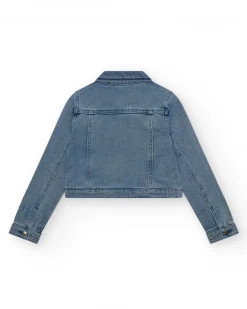Chaqueta vaquera para niña en azul con detalles brillantes y bolsillos frontales