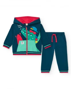 Chándal de felpa para niño con sudadera azul y pantalón con puños a rayas