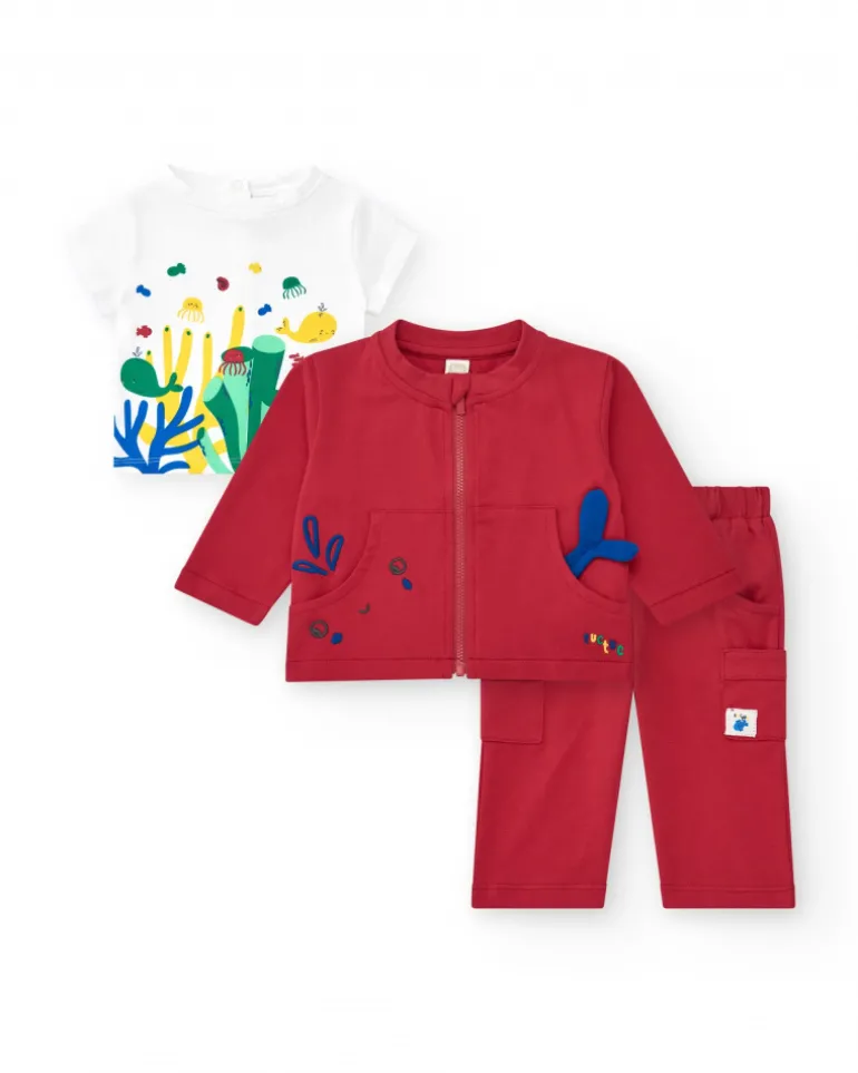 Chándal de felpa para niño de tres piezas con chaqueta roja camiseta blanca y pantalón rojo