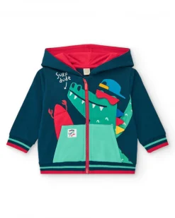 Chándal de felpa para niño con sudadera azul y pantalón con puños a rayas