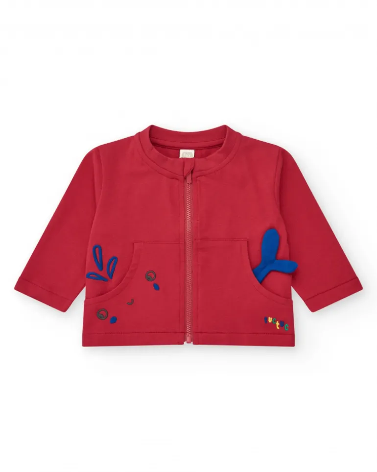 Chándal de felpa para niño de tres piezas con chaqueta roja camiseta blanca y pantalón rojo