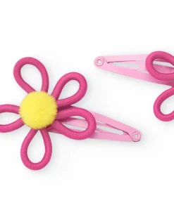 Clips para niña con diseño de flores en tonos fucsia y amarillo