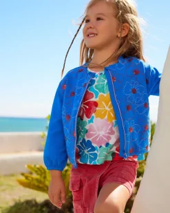 Comprar Chaqueta de felpa para niña en azul con flores bordadas y cremallera