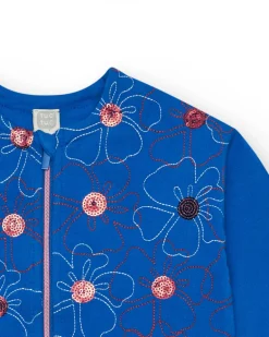 Comprar Chaqueta de felpa para niña en azul con flores bordadas y cremallera