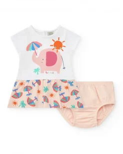 Conjunto blanco para niña con vestido de elefante y braguita tropical