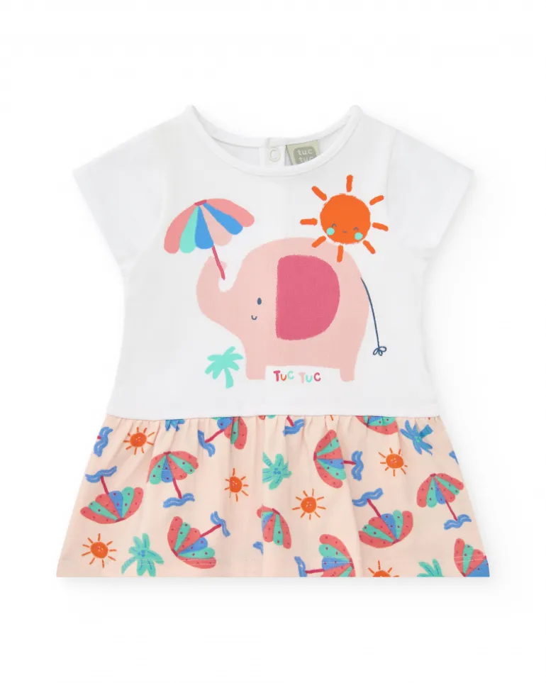 Conjunto blanco para niña con vestido de elefante y braguita tropical