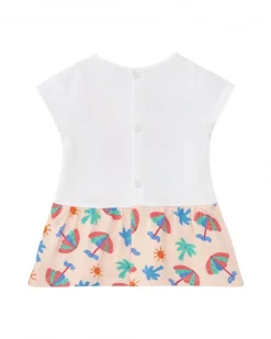 Conjunto blanco para niña con vestido de elefante y braguita tropical