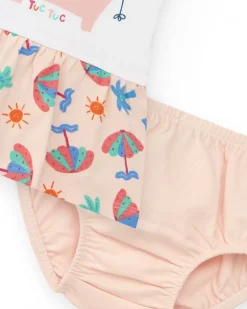 Conjunto blanco para niña con vestido de elefante y braguita tropical